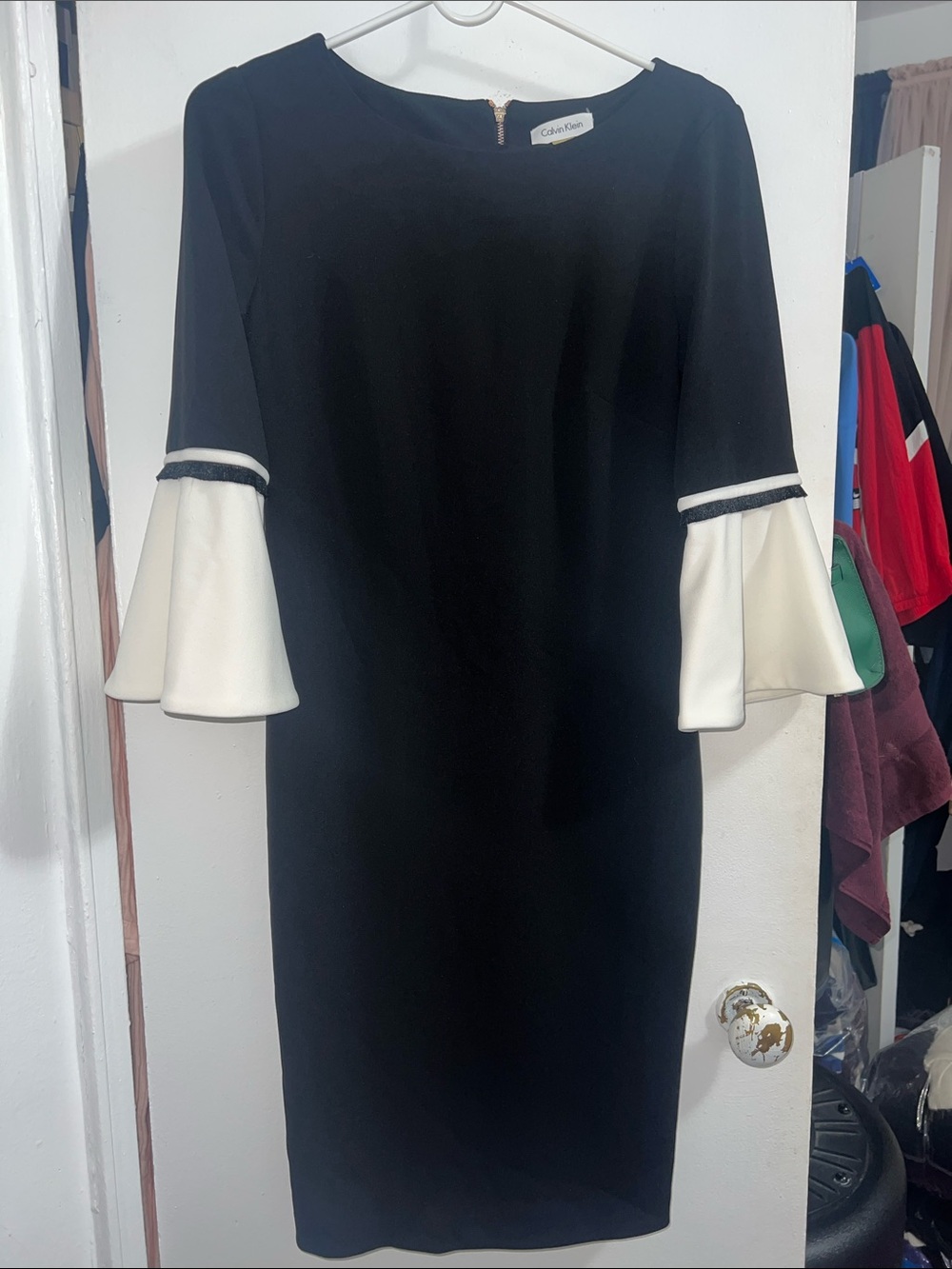 Calvin Klein Black Midi Dress with White Bell Sleeves
